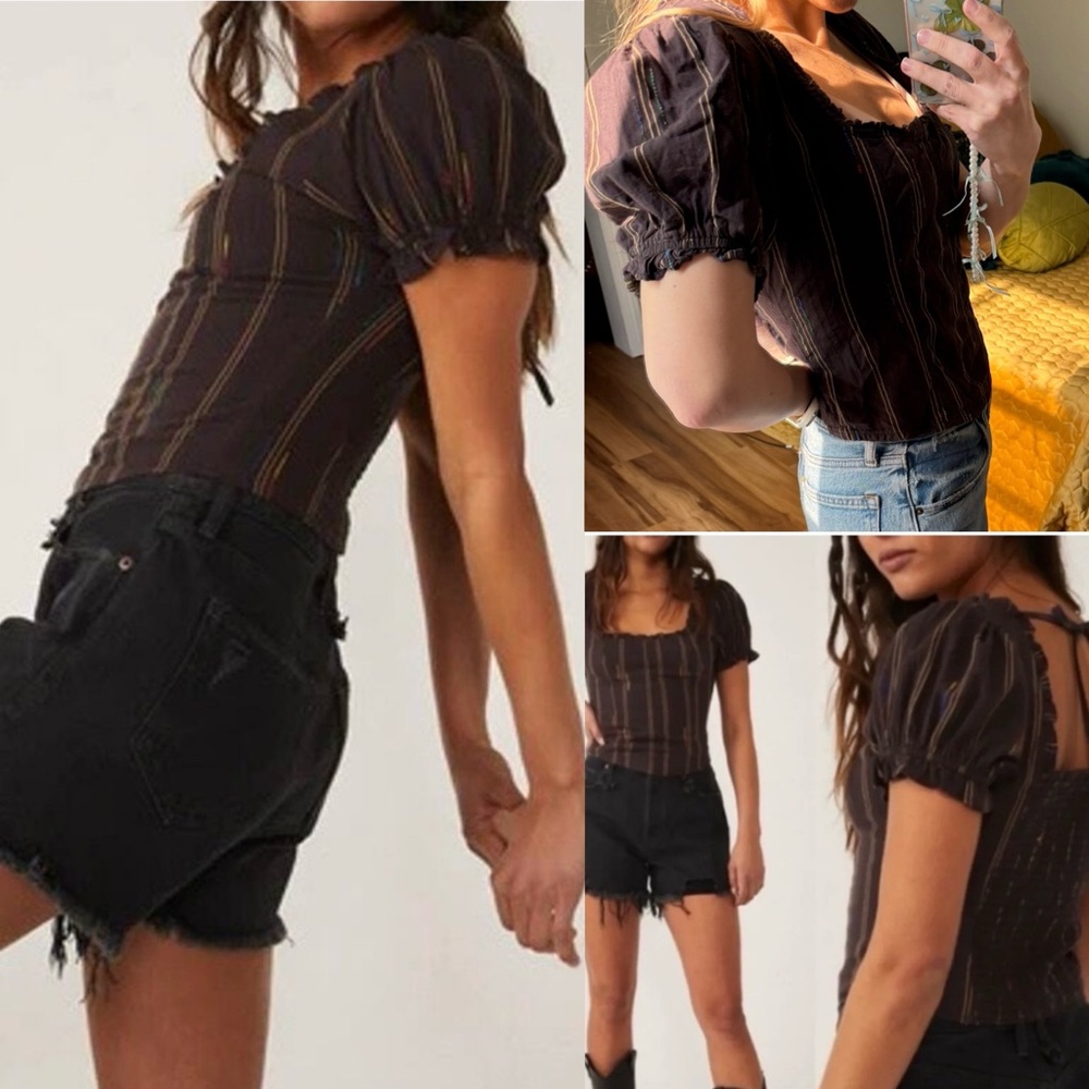 Free People Seratonin Corset Top puff sleeve boho In Espresso Bean l